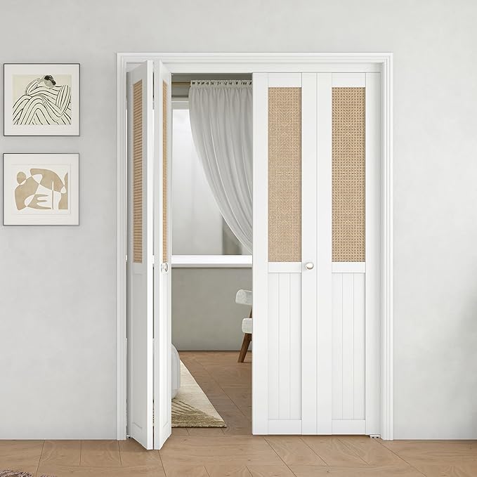 BARNER HOME Cane Bi-fold Doors - for 72"x 80" (Double 36" x 80" Doors) Opening, Webbing & Wood Interior Door Slab, Including Hardware, MDF, White Folding Door for Wardrobe