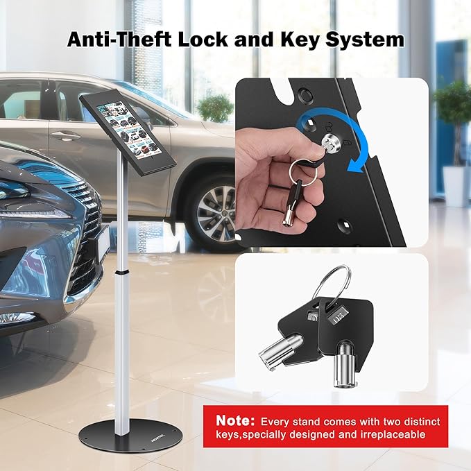 AboveTEK Anti Theft iPad Floor Stand, Robust Security Kiosk POS Tablet Stand, Height Adjustable Secure Holder Enclosure w/Lock and Key Mechanism for iPads/iPad Air/iPads Pro, Ideal for Retail Business