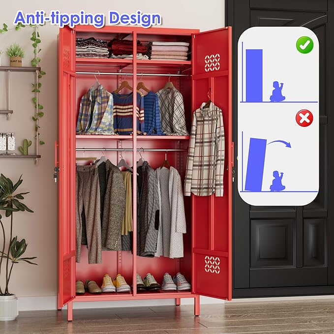 Aobabo Metal Wardrobe Cabinets with Lock, 2 Door Metal Closet wtih 4 Adjustable Shelves and 2 Hannging Rod, Lockable Locker Cabinet, Storage Locker for Home, Office,Red, Assembly Required