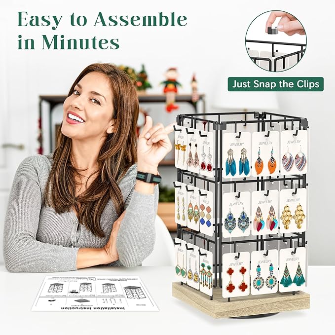 EsLuker.ly Rotating Earring Display Holder Stand for Vendors Events Selling, Large Capacity 36 Hooks Jewelry Rack with Wooden Base for Earring Card Sales, Enhances Retail Visibility(Oak Color)