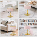 Adjustable Vanity Stool with Storage, 360° Swivel Makeup Stool Chair Small Velvet Round Ottoman with Gold Base for Bedroom, Pink