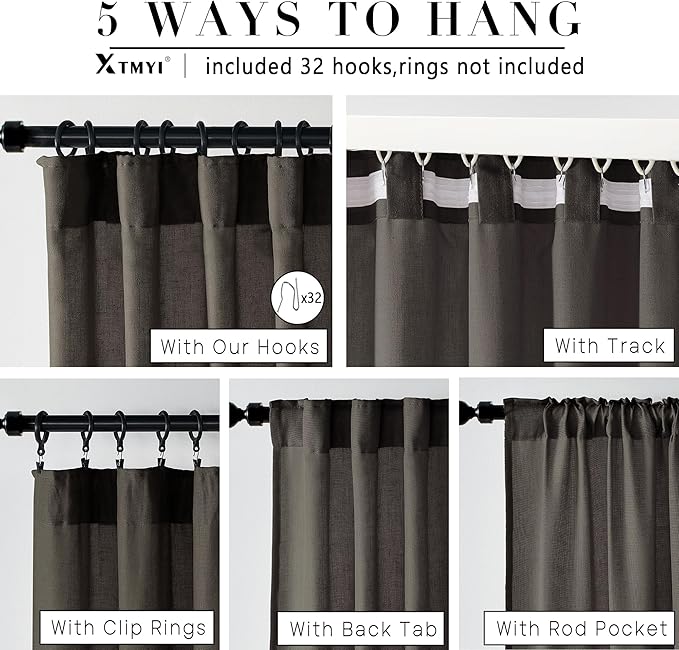 XTMYI Brown Linen Sheer Curtains for Living Room,Pleated Back Tab Light Filtering Curtain Drapes 90 Inches Long 2 Panels Set
