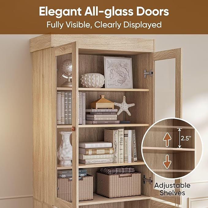 Vyre 71" Tall Farmhouse Bookshelves with Glass Doors, Large Modular Bookcase with Adjustable Shelves, Storage Cabinet for Living Room, Kitchen, Home Office, Brown