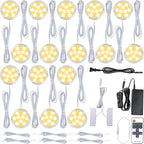 Under Cabinet LED Puck Lights Kit, Kitchen Hutch Shelf Lighting, Parallel Connection, 120VAC Wall Plug & Hardwired, Remote Control Dimmable, Warm White, 16 Lights