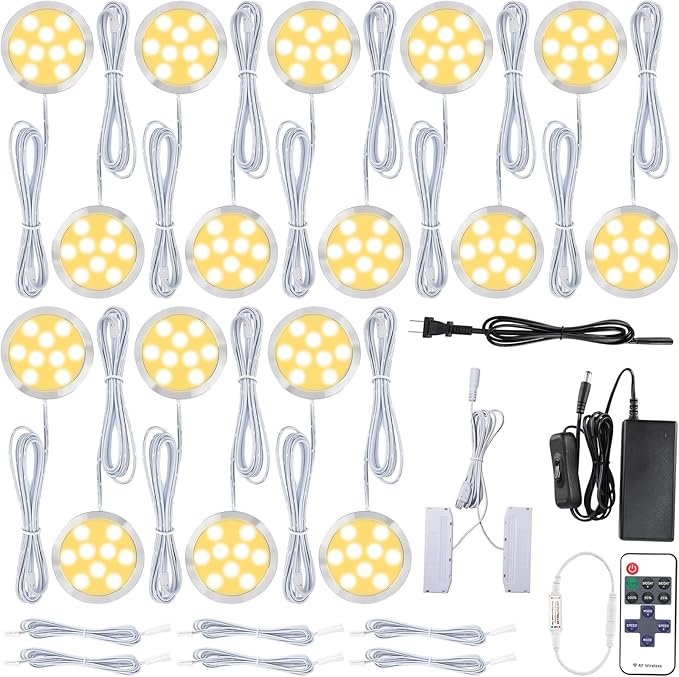 Under Cabinet LED Puck Lights Kit, Kitchen Hutch Shelf Lighting, Parallel Connection, 120VAC Wall Plug & Hardwired, Remote Control Dimmable, Warm White, 16 Lights