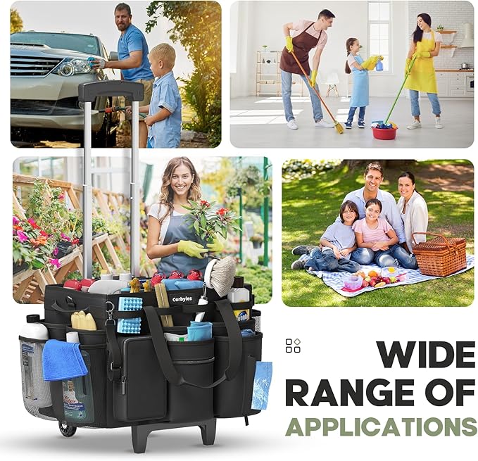 Rolling Cleaning Caddy Bag with Detachable Trolley, Cleaning Supplies Organizer Cart on Wheels, Cleaning Supply Caddy for Housekeepers (Black, 11.5" Dx15.7 Wx13 H)