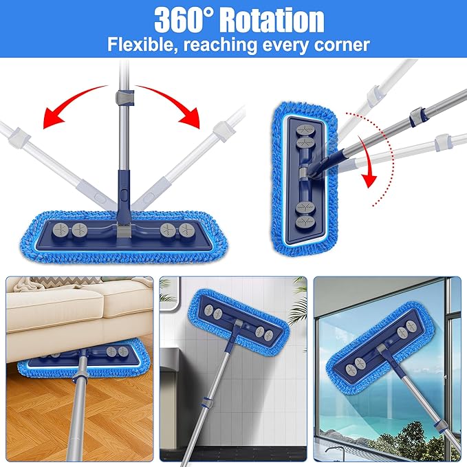 Microfiber Mops for Floor Cleaning - 3 Thickened Washable Pads - Floor Dusters for Hardwood with 55” Adjustable Handle - Wet Dry Dust Mop for Pet Hairs Walls Tile Wood Laminate Home Kitchen