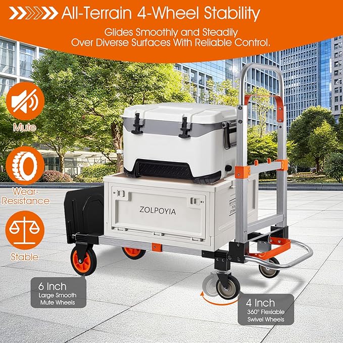 3 in 1 Folding Hand Truck Dolly Cart with Wheels, 660lbs Capacity Foldable Utility Cart Aluminum Trolley Cart Convertible Dolly for Moving Furniture Shopping for Garden Home Office Warehouse