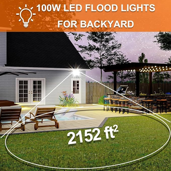 XXBSAZ 2 Pack 100W LED Flood Lights Outdoor, 12500LM Plug-in Hardwire Work Light IP66 Waterproof - 6500K Daylight Bright for Yard, Garage, Stadium