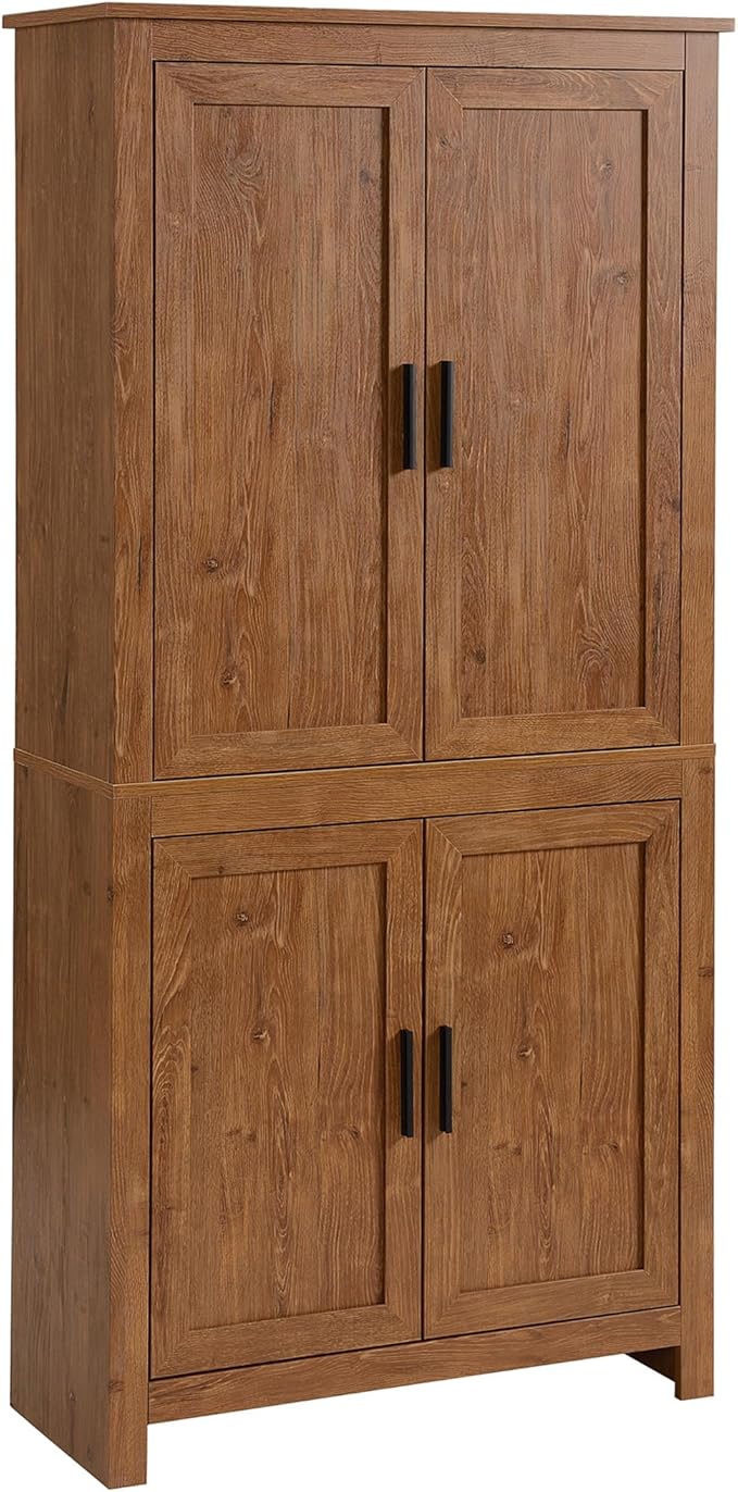 HOMCOM 64" Kitchen Pantry Cabinet, Freestanding Storage Cabinet with 4 Doors and 3 Adjustable Shelves for Dining Room, Oak