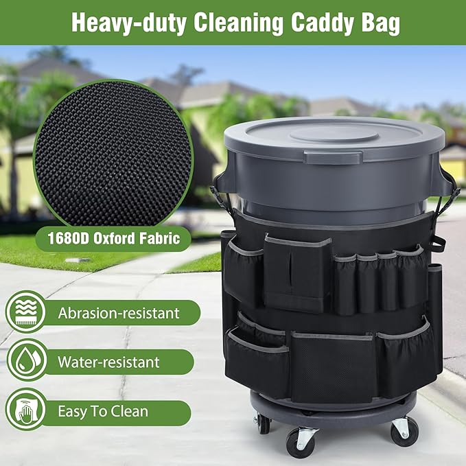 Trash Can Caddy Bags Fit 32-55 Gallon Garbage Bin, Garbage Bin Caddy Bag with 13 Pockets Compatible with Brute & Uline, Commercial Cleaning Supplies Organizer Bag & Janitorial Duties(1PCS)