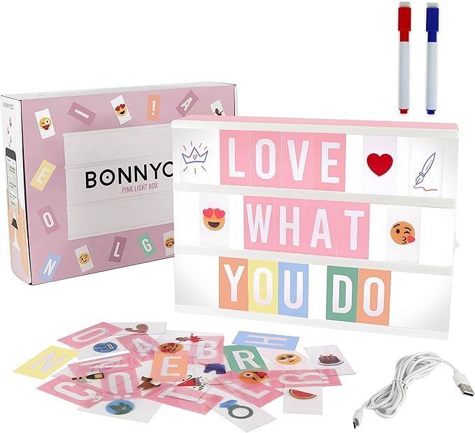 BONNYCO Pink Cinema Light Box with 400 Letters, Emojis, 2 Markers. Led Light Box Home Office and Room Decor, Cinema Led Sign Letters Board. Gifts for Women Girls Christmas Birthdays, Pink Decor