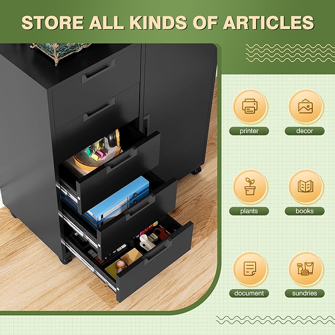 5 Drawer Metal Storage Cabinet, Mobile Office Storage Cabinet, Printer Stand with Storage, Craft Cabinet Dresser Chest for Home Office (Black)