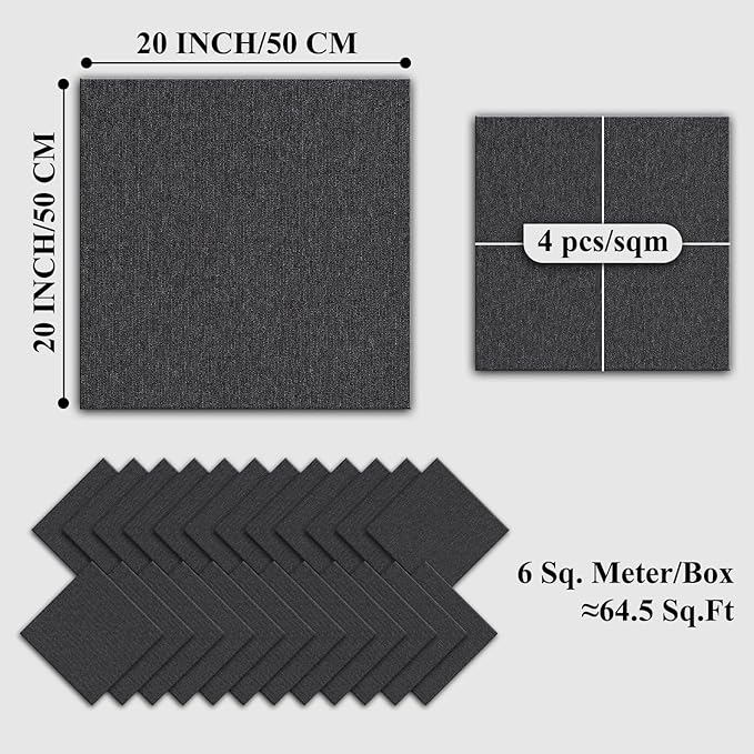 20" X 20" Carpet Tiles, Carpet Squares, 24 Tiles/64.5 Sq.Ft per Box, Floor Carpet Tiles for Home Office Industry, Dark Grey