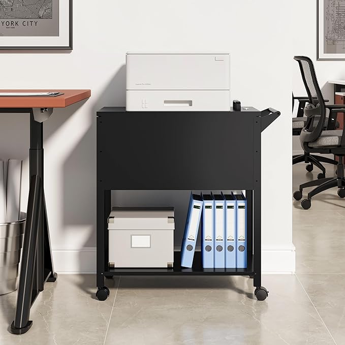Mobile File Cabinet, 2 Tier File Cart with Wheels Hanging Files, Metal Rolling Cart with Lock and Sliding Cover for Office, Mailrooms, Cubicles, Classrooms, Libraries, Black