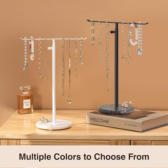 White Necklace Holder Jewelry Organizer Stand – Adjustable Height T‑Bar Jewelry Display with White Marble Base, Necklace & Bracelet Holder, Countertop Jewelry Tree