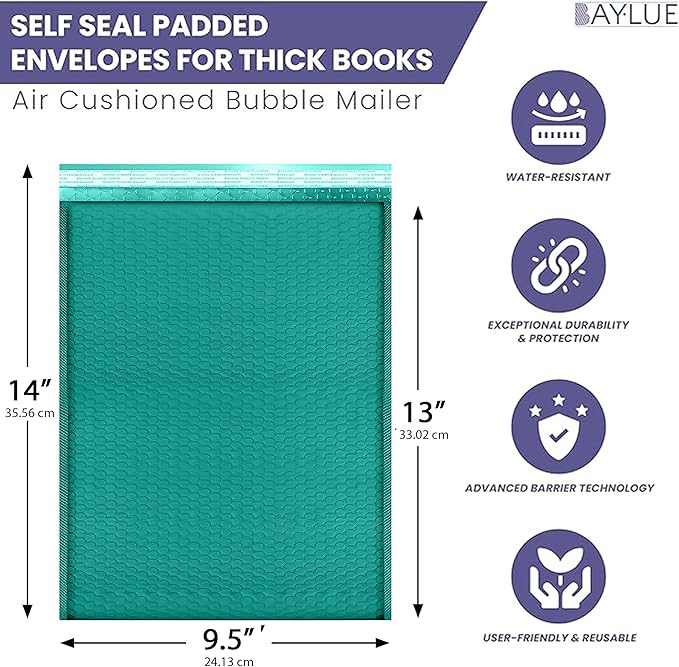 Green 10x13 Inch Poly Bubble Mailers |Self Seal Padded Envelopes for Thick books | Air Cushioned Bubble Mailer | Usable Size 9.5x13 Inch | Waterproof Lightweight Mailing Shipping Bags | 100 Pack Bulk