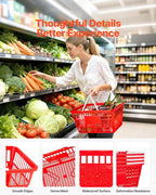 VEVOR Shopping Baskets, 12 PCS, 21L Stackable PE Plastic Grocery Baskets with Handles, Dense Mesh Structure, Holds up to 20 lbs, Portable for Grocery, Retail, Stores, Supermarket, Home Use, Red