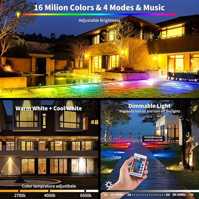 1500LM LED High Brightness Outdoor Landscape Lighting 15W RGB Color Changing Landscape Lights Remote Control Spot-Lights with Plug in IP66 Waterproof Flood Light for Garden - 2 Pack