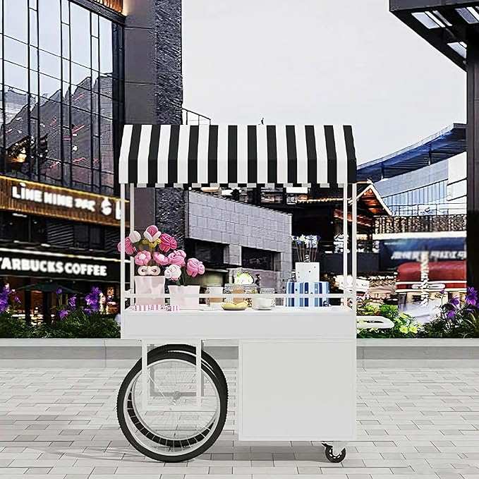 Food Cart for Business with Striped Canopy, Mobile Display Stand with Storage Drawers, for Street Food, Farmers Markets, Outdoor Events (Blue, 39.37 * 27.56 * 78.74in)