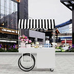 Food Cart for Business with Striped Canopy, Mobile Display Stand with Storage Drawers, for Street Food, Farmers Markets, Outdoor Events (Red, 47.24 * 27.56 * 78.74in)