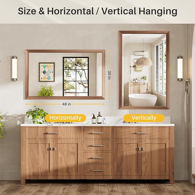 48x30 Inch Bathroom Mirror for Wall, Anti-Rust Walnut Wood Grain Metal Framed Bathroom Mirrors for Over Sink,Rectangler Mirrors for Bathroom Vanity, Farmhouse, Bedroom, Living Room, Entryway Decor