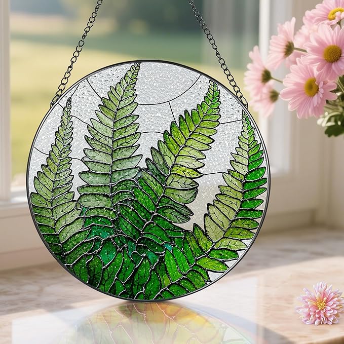 8-Inch Stained Glass Ornament, Stained Glass Window Hanging, Window Hanging Decor Suncatcher, Fern Plant Ornament | Christmas, Mother's Day, Birthday | Gifts for Mom, Grandma Gifts, Plant Lover Gift