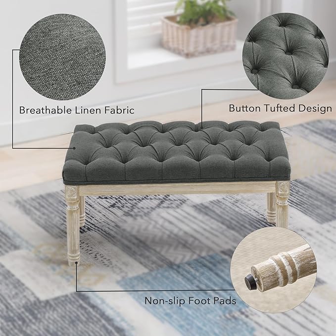 LOULENS French Vintage Entryway Bench, Linen Fabric Tufted Bench, Upholstered End of Bed Bench with Brushed Wood Legs, Dark Grey