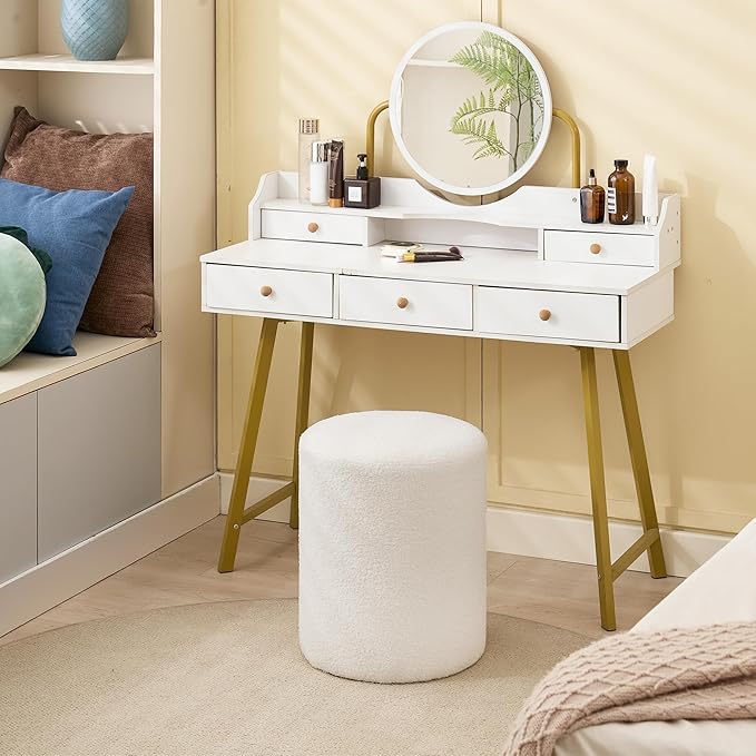 Modern Round Ottoman 2Pcs, Classic Foot Stool Ottoman, Teddy Fleece Upholstered Vanity Stool for Makeup, Bedroom, Living Room, White