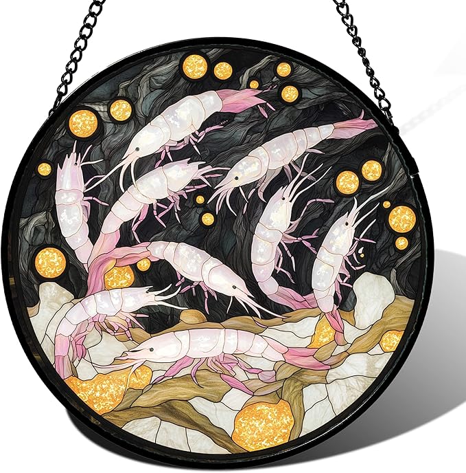 Stained Glass Window Hanging - Pink Shrimp Suncatcher for Doors Garden Marine Life Sun Catchers Decor Christmas Mother's Day Birthday Gifts for Women Men Mom Nana Friend Boys Girls 9.8 in