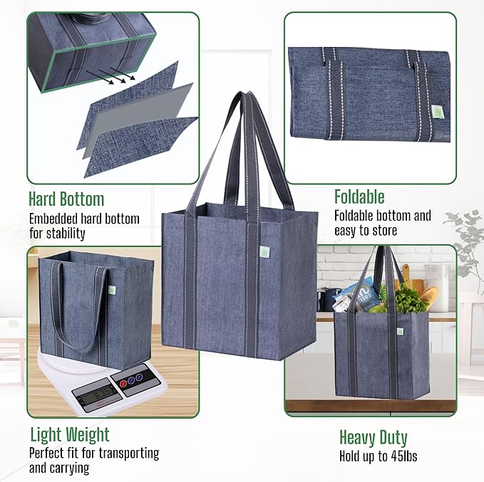 VENO 2-4 Pack Reusable Grocery shopping Bags, Small Tote Bag w/Handle Hard Bottom, Heavy Duty, Foldable Carrier