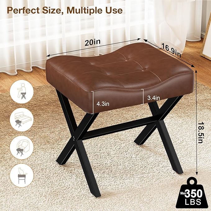 18-Inch Large Leather Vanity Stool, Vanity Chair with Metal X-Leg, Ottoman Accent Stool with Thick Padded Saddle Seat, Dark Brown