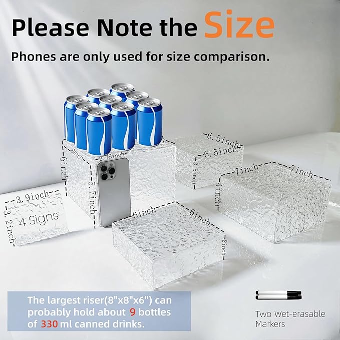 8PCS Buffet Risers Display Stands with 8PCS Mini Signs,Acrylic Cube Display Risers with Hollow Bottom, 2Sets (6, 6.5, 7, 8)" (Transparent, 2 Sets ( 6'',6.5'',7'',8'' ))