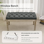 LOULENS French Vintage Entryway Bench, Linen Fabric Tufted Bench, Upholstered End of Bed Bench with Brushed Wood Legs, Dark Grey