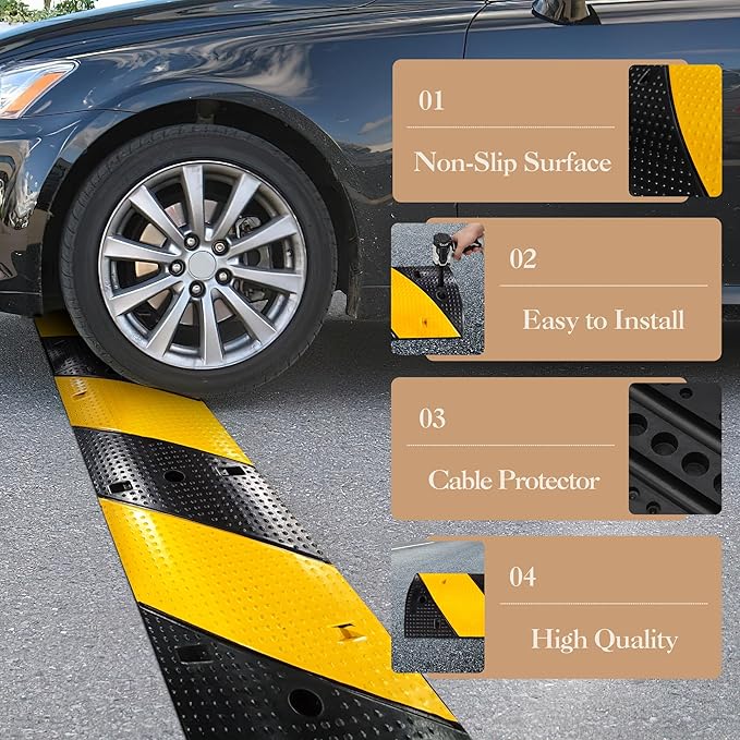 2 Pack 6 ft Speed Bumps - Heavy-Duty Rubber Construction, Dual Channel Floor Cord Cover, High Visibility Design, Non-Slip Surface, Easy Installation and Modular Design