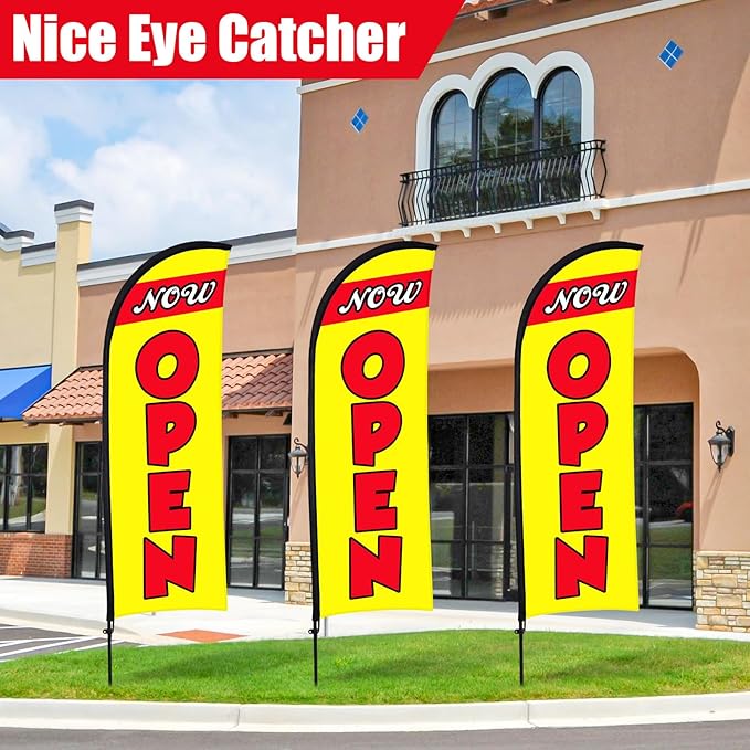 Buryeah 3 Sets Now Open Feather Flag Pole Kit for Business Advertising 7 ft Open Flag Banner Sign with Pole Kit Ground Stake and Portable Bag for Outside Ground(Yellow)