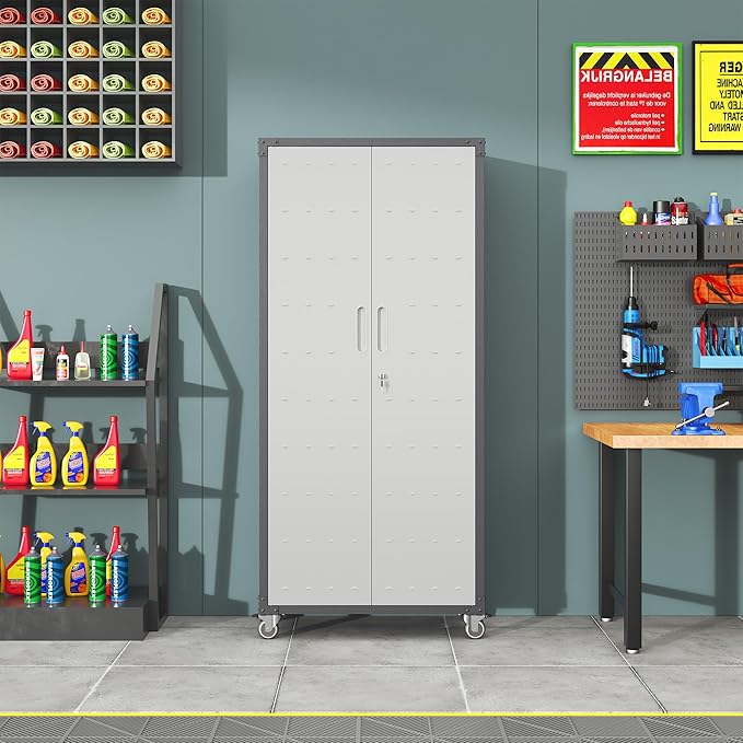 71'' Garage Storage Cabinet on Wheels Metal Tool Cabinets with Locking Doors and 3 Adjustable Shelves,Heavy Duty Tall Rolling Steel Cabinets for Garage Warehouse Basement Office