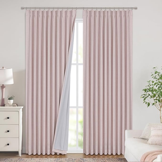 Vision Home Soft Pink Pinch Pleated Full Blackout Curtains Linen Blended Room Darkening Window Curtains 112 inch for Living Room Bedroom Thermal Insulated Pinch Pleat Drapes with Hooks 60" Wx112 Lx1