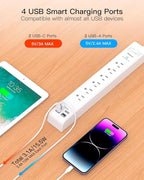 2 Pack Power Strip Surge Protector, Flat Plug Extension Cord with 4 USB Ports(2 USB-C) 6 AC Outlets, USB Charging Station, Wall Mountable for Home, Office, Dorm Essentials, 1080J, ETL Listed