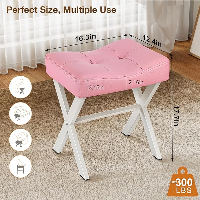 18-Inch Leather Vanity Stool Chair, Vanity Bench with Metal X-Leg, Ottoman Accent Stool with Thick Padded Saddle Seat, Pink