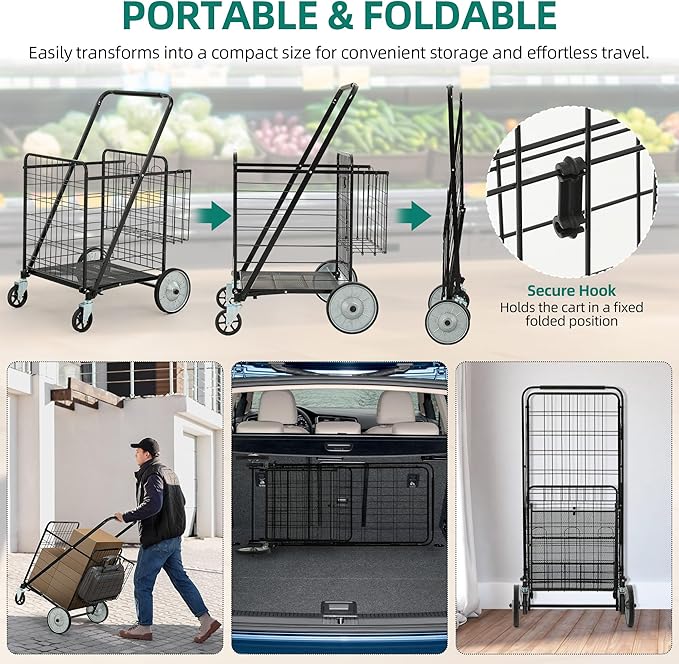 YITAHOME Heavy-Duty Jumbo Folding Shopping Cart with Wheels, Super Large Double Basket Grocery Cart, Collapsible Utility Cart for Shopping, Groceries, Laundry & Storage (Portable & Sturdy)