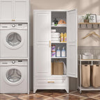 75" Kitchen Pantry Cabinet with Drawer, Metal Storage Cabinets with Doors and 4 Adjustable Shelves,White Kitchen Cabinet with 2 Gold Handles,Food Cupboard for Livingroom,Pantry, Bathroom