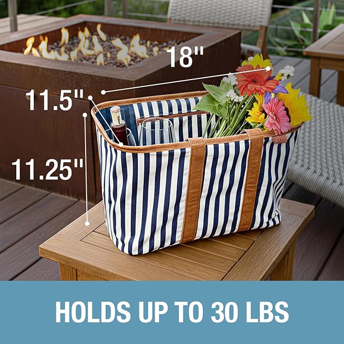 CleverMade Collapsible LUXE Tote - Navy Striped 1 Pack 30L / 8 Gal - Reusable Grocery Shopping Storage Bag Organizer w/ Handles Reinforced Bottom