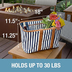 CleverMade Collapsible LUXE Tote - Navy Striped 1 Pack 30L / 8 Gal - Reusable Grocery Shopping Storage Bag Organizer w/ Handles Reinforced Bottom