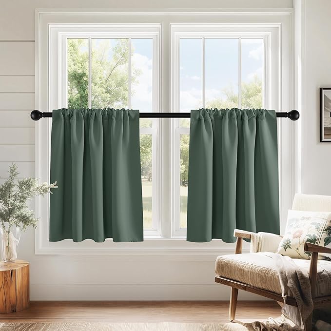 PONY DANCE Dark Green Blackout Cafe Curtains 24 inch Long, Thermal Insulated Small Window Curtains for RV Camper, Privacy Basement Short Drapes, W 29 x L 24 inches, 2 Panels Set