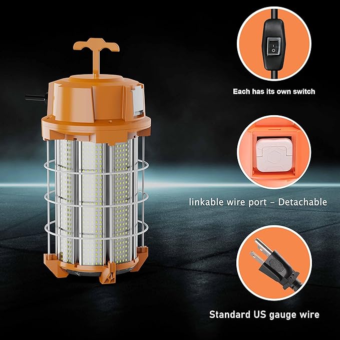 250W LED Temporary Work Light 37,500 Lumens Construction Lights 5000K Portable Linkable IP65 High Lumen Super Bright Durable Job Site Lighting with ON/Off Button for Indoor and Outdoor Area Lighting