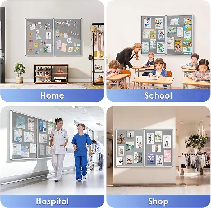 SWANCROWN Enclosed Bulletin Board 48x36in, Tamperproof Lockable Grey Felt Board Wall Display Case with 2 Locks for Office School Commerce, Aluminum Frame, Pack of 2
