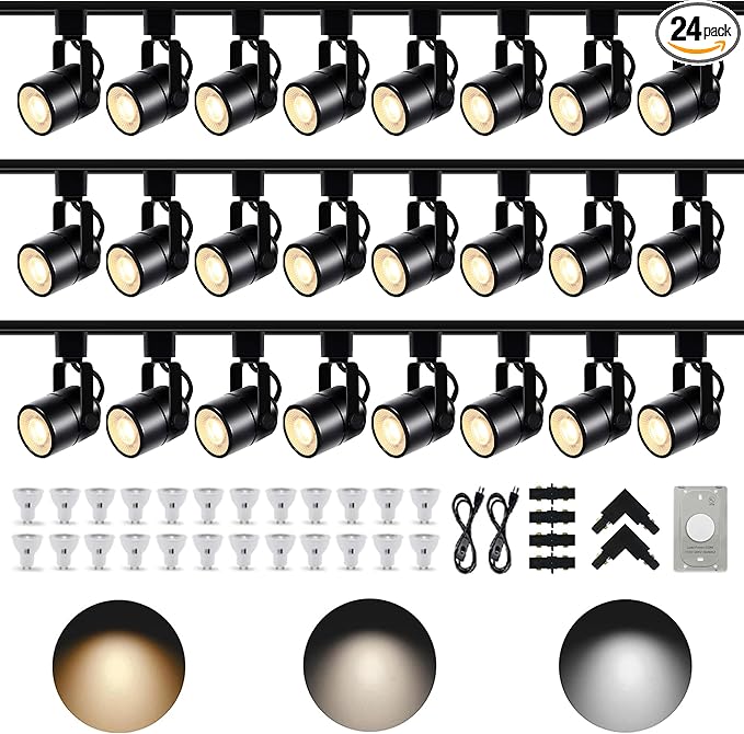 Dimmable 24-Pack GU10 Track Lighting Kit with Dedicated Dimmer, All-in-One Plug in 3CCT Ceiling Spotlights with 26.2FT Track Rails, Accent Lighting for Home, Store, Moblie Cart and Office