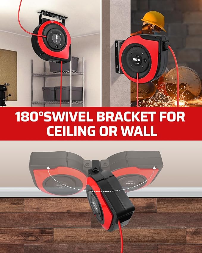 DEWENWILS Retractable Cord Reel, 60FT Heavy Duty Extension Cord, 12AWG/3C SJTOW, 3 Grounded Outlets Lighted Triple Tap, 15A Circuit Breaker, Wall/Ceiling Mounted for Garage, Workshop, UL Listed, Red