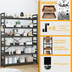 HCHQHS 6 Tier Bookshelf, Adjustable Industrial Bookcase, Vertical Tall Book Shelf, Wood and Black Metal Open Bookshelves for Home Office, Living Room, Bedroom